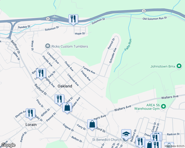 map of restaurants, bars, coffee shops, grocery stores, and more near 1701-1799 Frieda Ave in Johnstown