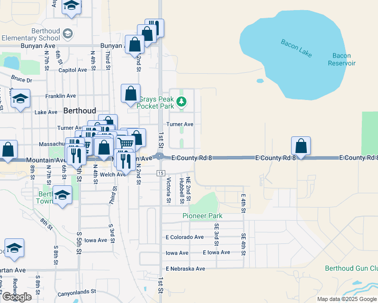 map of restaurants, bars, coffee shops, grocery stores, and more near 165 Redcloud Avenue in Berthoud