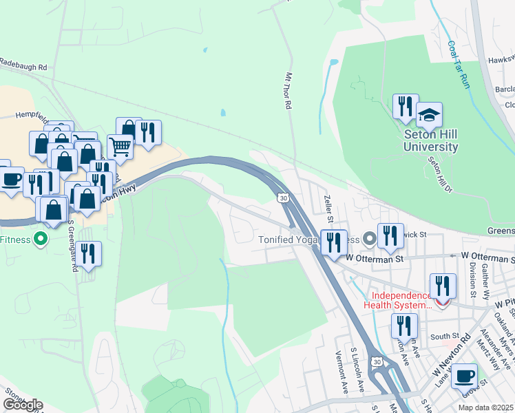 map of restaurants, bars, coffee shops, grocery stores, and more near 12 Claremont Drive in Greensburg