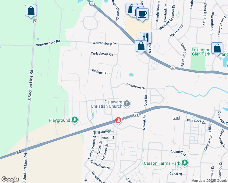map of restaurants, bars, coffee shops, grocery stores, and more near 2233 Greenlawn Drive in Delaware