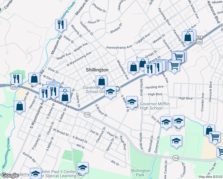 map of restaurants, bars, coffee shops, grocery stores, and more near 130 East Lancaster Avenue in Shillington