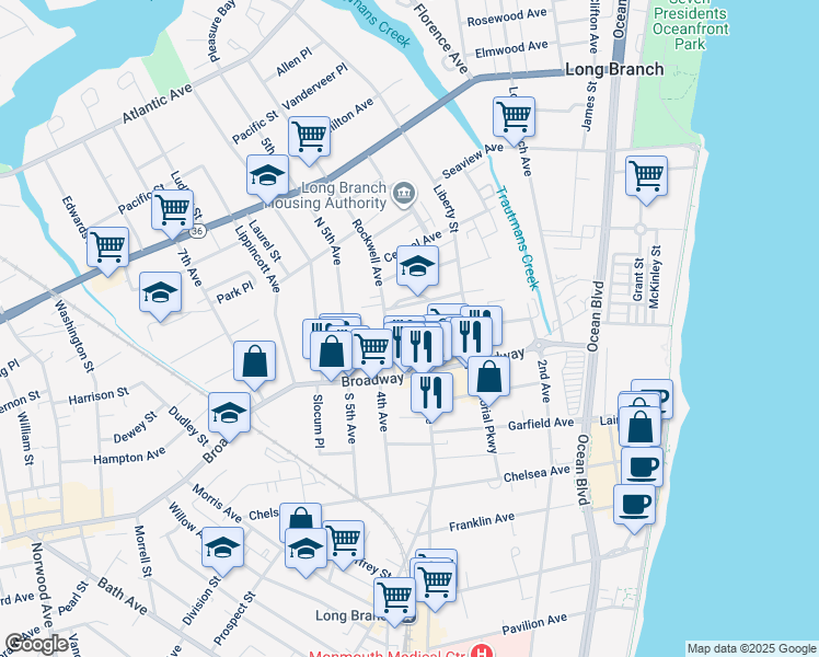 map of restaurants, bars, coffee shops, grocery stores, and more near 23 Union Avenue in Long Branch