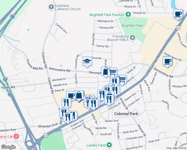 map of restaurants, bars, coffee shops, grocery stores, and more near 200 Care Street in Harrisburg