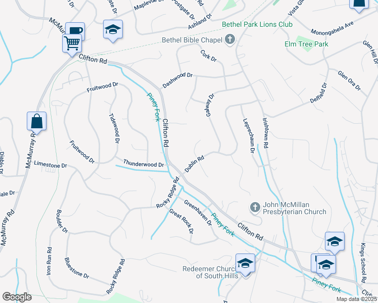 map of restaurants, bars, coffee shops, grocery stores, and more near 6054 Dublin Road in Bethel Park