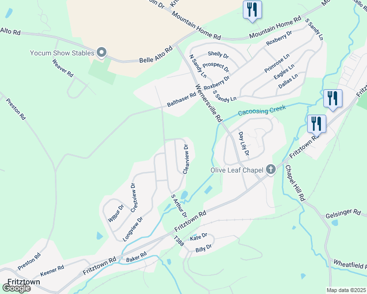 map of restaurants, bars, coffee shops, grocery stores, and more near 105 Clearview Drive in Sinking Spring