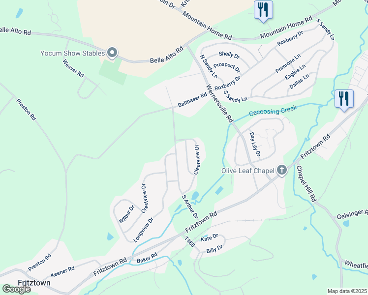 map of restaurants, bars, coffee shops, grocery stores, and more near 3 Brentwood Drive in Sinking Spring