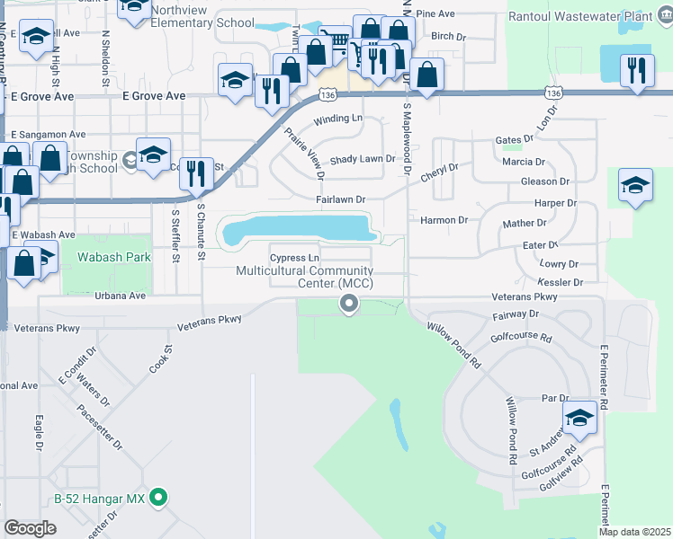 map of restaurants, bars, coffee shops, grocery stores, and more near 600 South Maplewood Drive in Rantoul