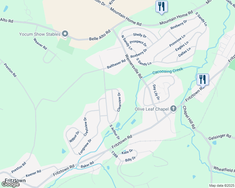 map of restaurants, bars, coffee shops, grocery stores, and more near 105 Clearview Drive in Sinking Spring
