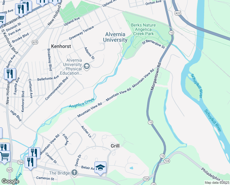 map of restaurants, bars, coffee shops, grocery stores, and more near 205 Mountain View Road in Reading