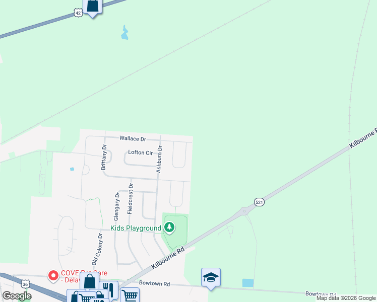 map of restaurants, bars, coffee shops, grocery stores, and more near 232 Stockard Loop in Delaware