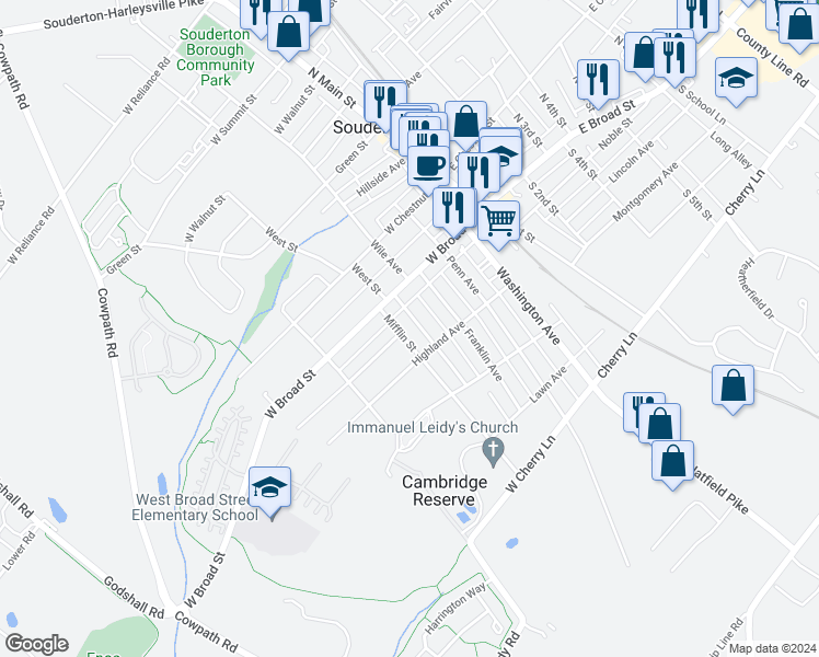 map of restaurants, bars, coffee shops, grocery stores, and more near 34 Adams Avenue in Souderton