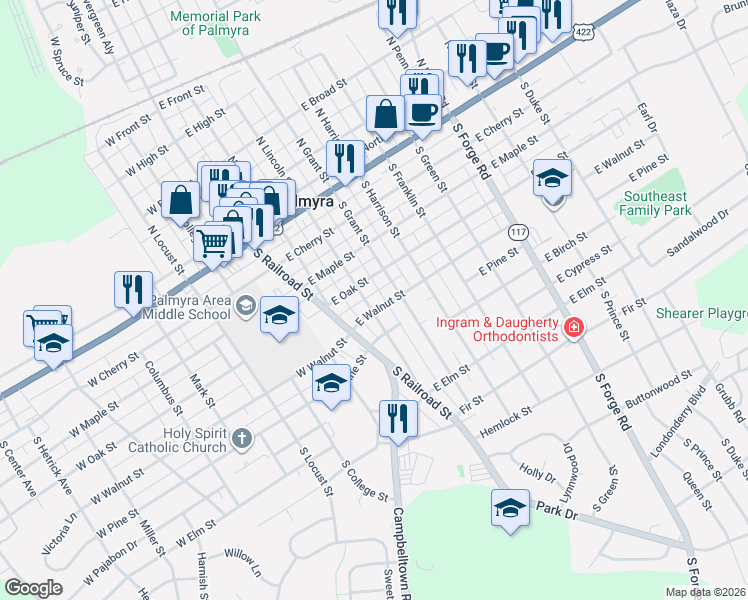 map of restaurants, bars, coffee shops, grocery stores, and more near 230 East Oak Street in Palmyra