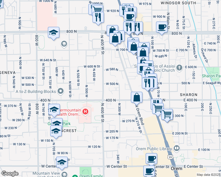 map of restaurants, bars, coffee shops, grocery stores, and more near 516 North 400 West in Orem