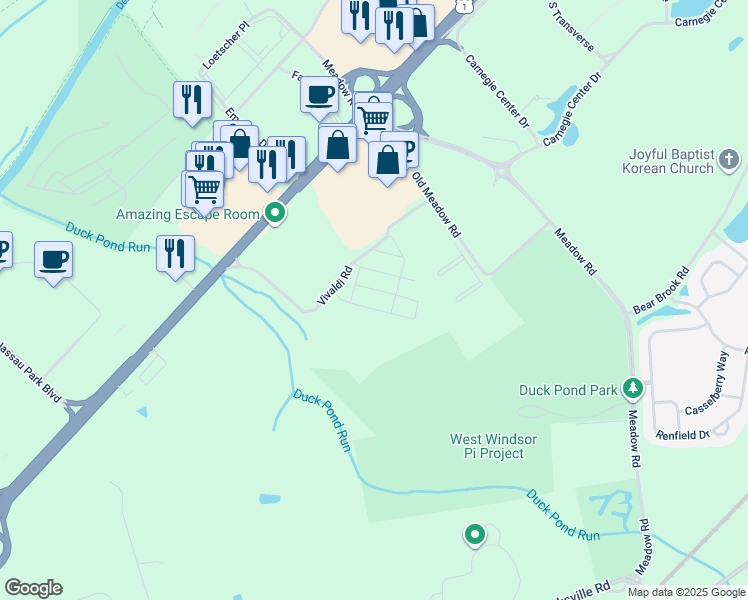map of restaurants, bars, coffee shops, grocery stores, and more near Rossini Drive in Princeton