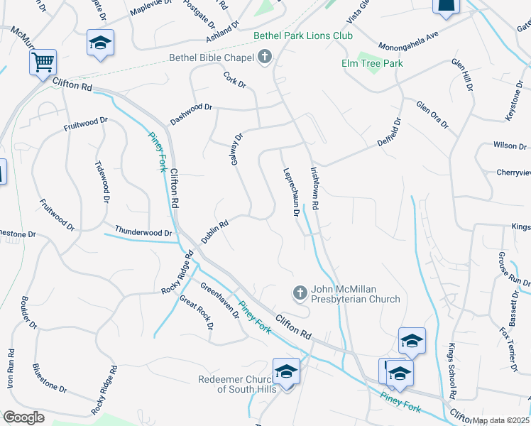 map of restaurants, bars, coffee shops, grocery stores, and more near 739 Galway Drive in Bethel Park