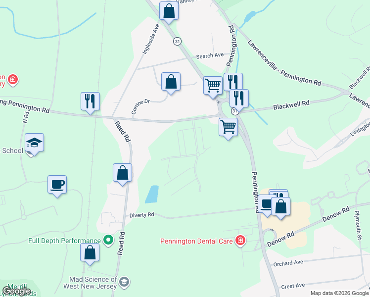 map of restaurants, bars, coffee shops, grocery stores, and more near 12 Washington Crossing Pennington Road in Pennington