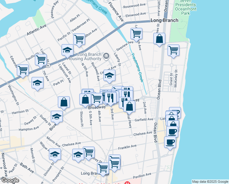 map of restaurants, bars, coffee shops, grocery stores, and more near 192 Monmouth Avenue in Long Branch
