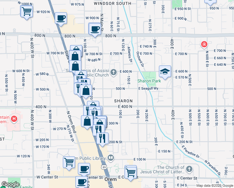 map of restaurants, bars, coffee shops, grocery stores, and more near 60 West 500 North in Orem
