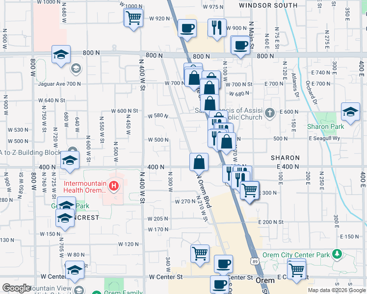 map of restaurants, bars, coffee shops, grocery stores, and more near 522 North 280 West Street in Orem