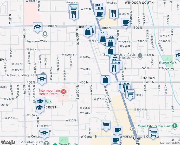 map of restaurants, bars, coffee shops, grocery stores, and more near 326 West 500 North in Orem