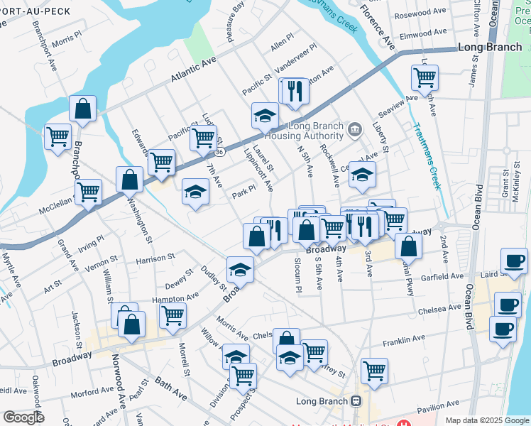 map of restaurants, bars, coffee shops, grocery stores, and more near 69 Lippincott Avenue in Long Branch