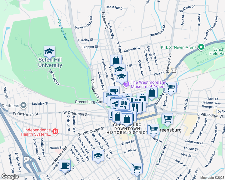 map of restaurants, bars, coffee shops, grocery stores, and more near 300 North Main Street in Greensburg