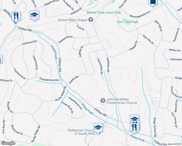 map of restaurants, bars, coffee shops, grocery stores, and more near 739 Galway Drive in Bethel Park