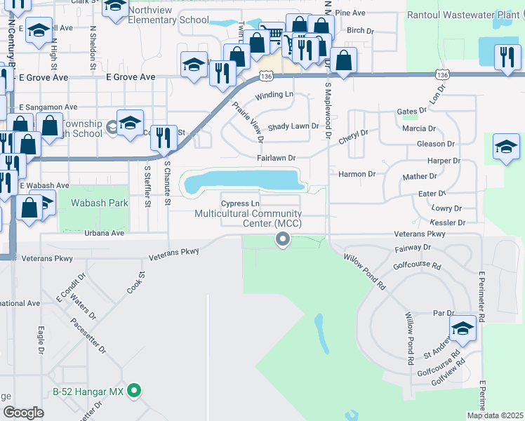 map of restaurants, bars, coffee shops, grocery stores, and more near 600 South Maplewood Drive in Rantoul