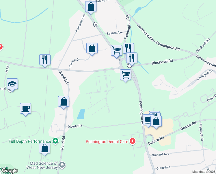 map of restaurants, bars, coffee shops, grocery stores, and more near 12 Washington Crossing Pennington Road in Pennington