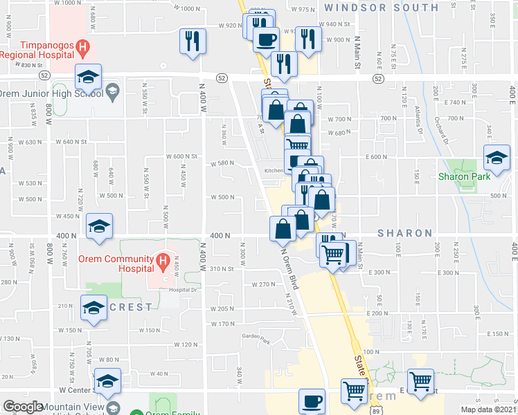 map of restaurants, bars, coffee shops, grocery stores, and more near 487 Orem Boulevard in Orem