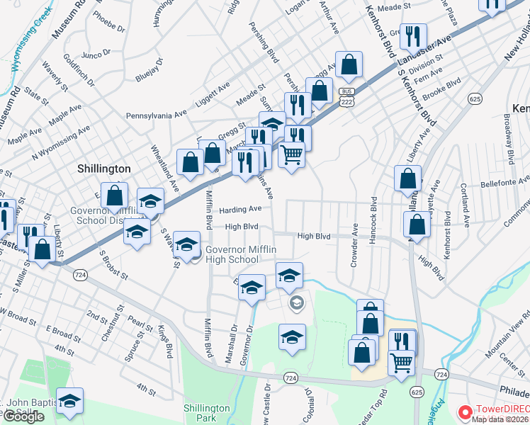 map of restaurants, bars, coffee shops, grocery stores, and more near 529 Harding Avenue in Reading