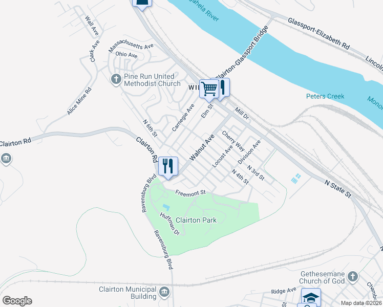 map of restaurants, bars, coffee shops, grocery stores, and more near 503 Elm Street in Clairton