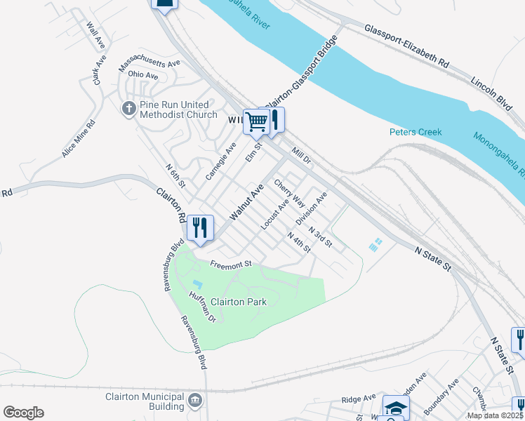 map of restaurants, bars, coffee shops, grocery stores, and more near 417 North 3rd Street in Clairton
