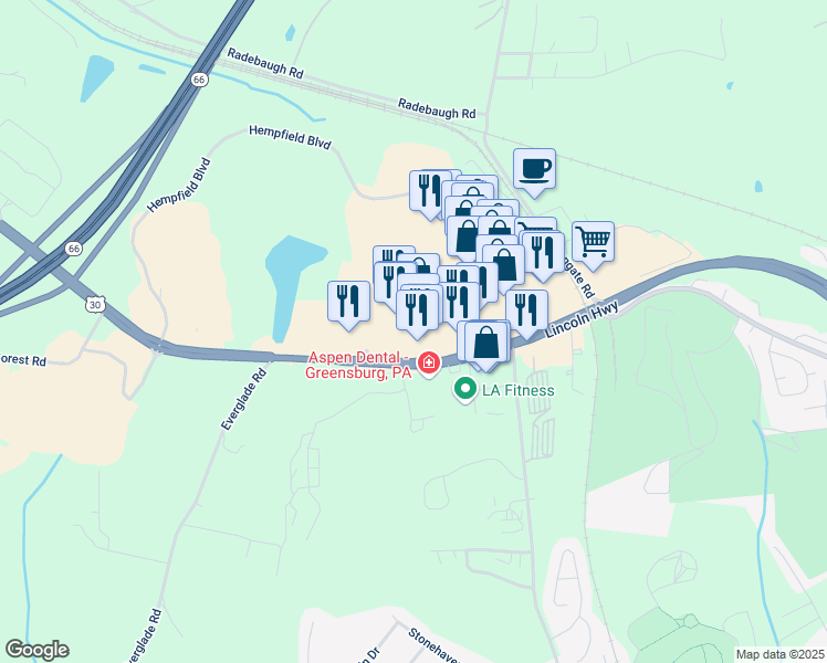 map of restaurants, bars, coffee shops, grocery stores, and more near 200 Greengate Centre Circle in Greensburg