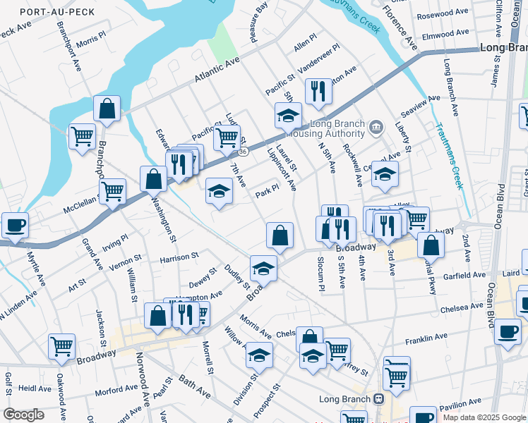 map of restaurants, bars, coffee shops, grocery stores, and more near 71 7th Avenue in Long Branch