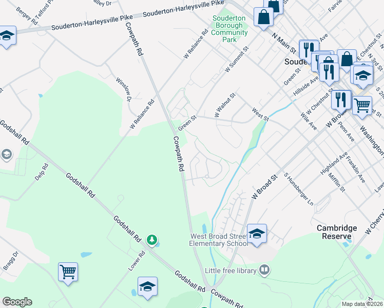 map of restaurants, bars, coffee shops, grocery stores, and more near 305 Devon Court in Souderton