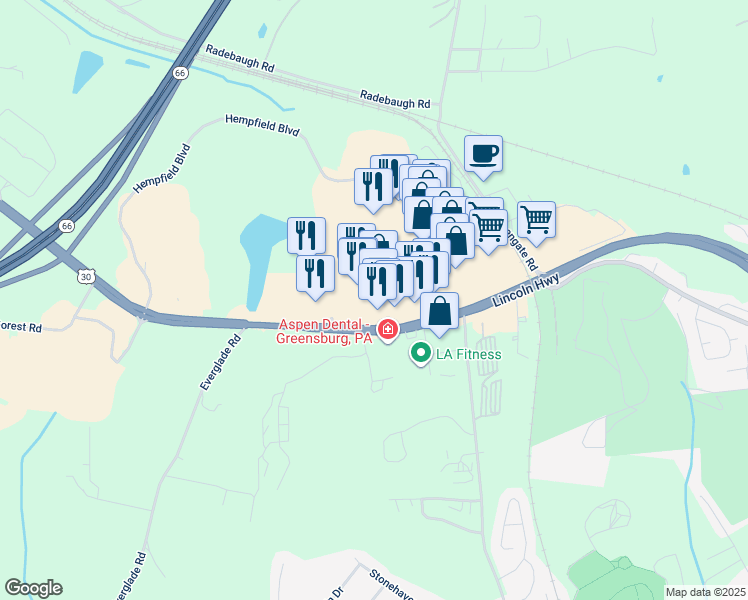 map of restaurants, bars, coffee shops, grocery stores, and more near 200 Greengate Centre Circle in Greensburg
