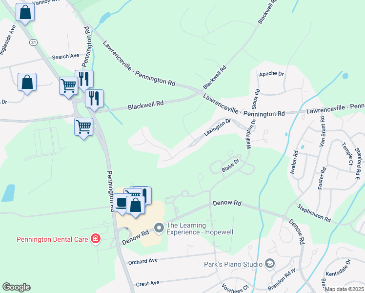 map of restaurants, bars, coffee shops, grocery stores, and more near 3 Buckingham Drive in Pennington