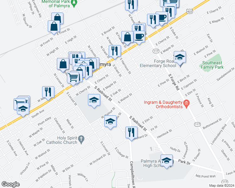 map of restaurants, bars, coffee shops, grocery stores, and more near 130 East Oak Street in Palmyra