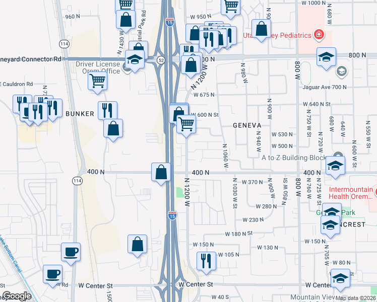 map of restaurants, bars, coffee shops, grocery stores, and more near 498 North 1235 West in Orem