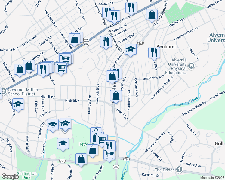 map of restaurants, bars, coffee shops, grocery stores, and more near 1607 New Holland Road in Reading