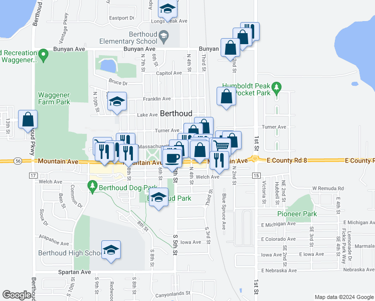 map of restaurants, bars, coffee shops, grocery stores, and more near 348 Massachusetts Avenue in Berthoud