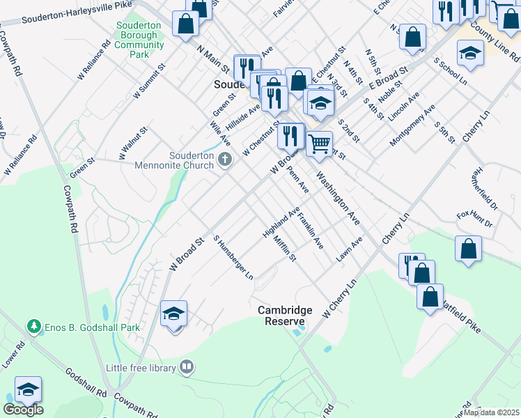 map of restaurants, bars, coffee shops, grocery stores, and more near 132 West Broad Street in Souderton