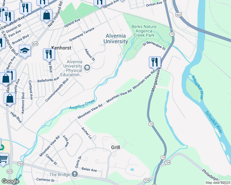 map of restaurants, bars, coffee shops, grocery stores, and more near 205 Mountain View Road in Reading