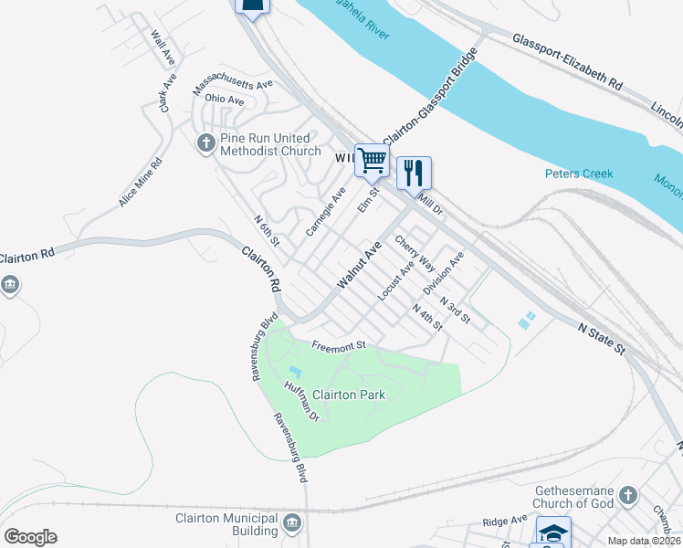 map of restaurants, bars, coffee shops, grocery stores, and more near 503 Elm Street in Clairton
