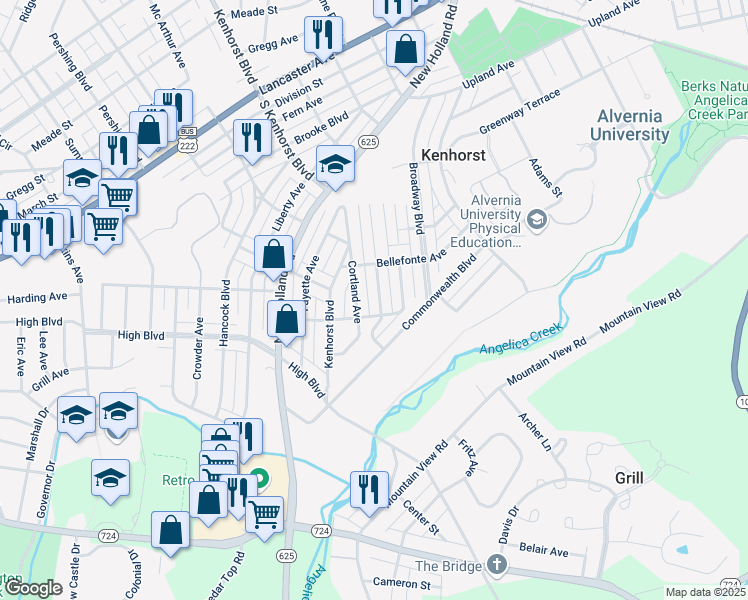 map of restaurants, bars, coffee shops, grocery stores, and more near 1518 Cortland Avenue in Reading
