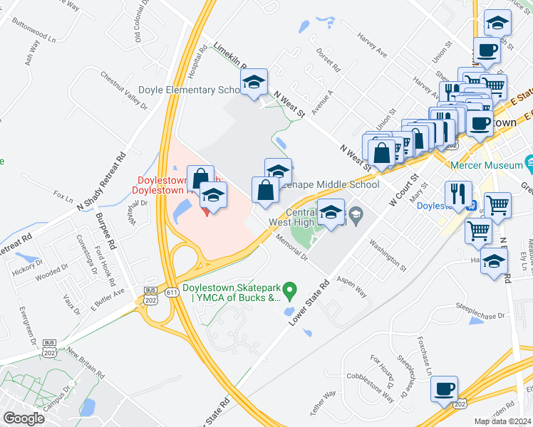 map of restaurants, bars, coffee shops, grocery stores, and more near 14 Memorial Drive in Doylestown