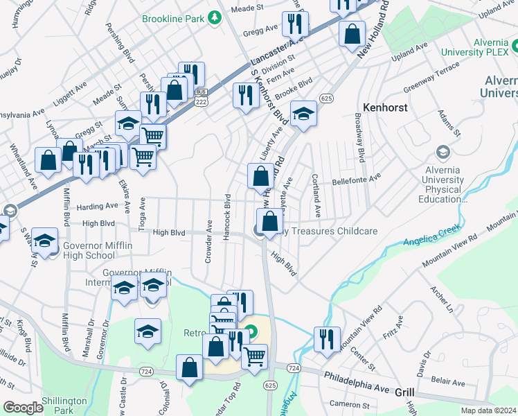 map of restaurants, bars, coffee shops, grocery stores, and more near 1607 New Holland Road in Reading