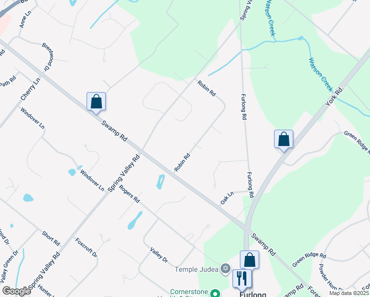 map of restaurants, bars, coffee shops, grocery stores, and more near 3668 Robin Road in Furlong