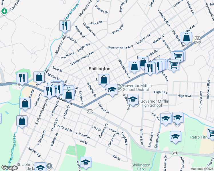 map of restaurants, bars, coffee shops, grocery stores, and more near 219 East Walnut Street in Shillington